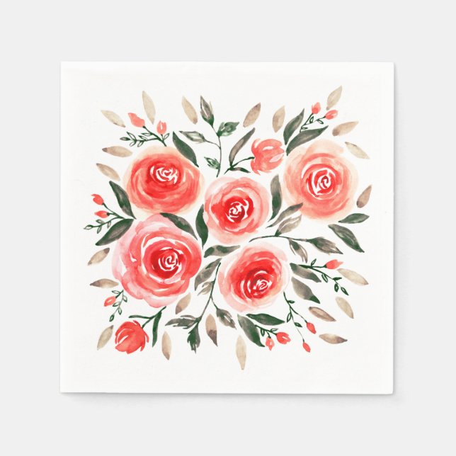 Romantic Pink Roses Watercolor Floral Napkin (Front)