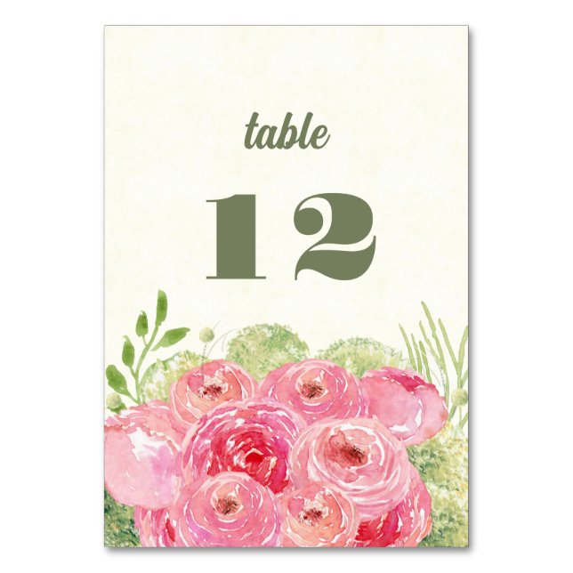Romantic Pink Roses Watercolor  Table Number (Front)
