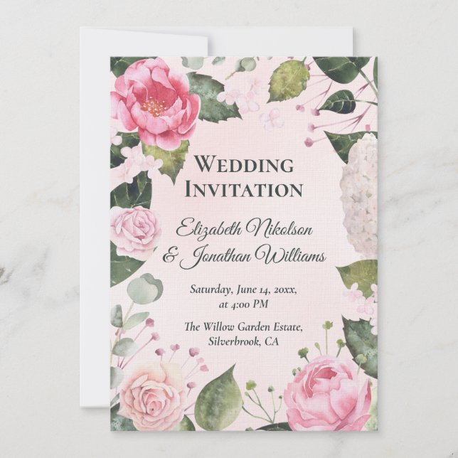 Romantic Pink Roses Wedding Invitation (Front)