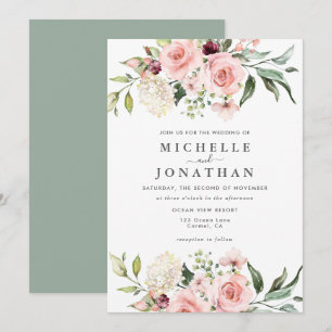 Romantic Pink Roses Wedding  Invitation Green