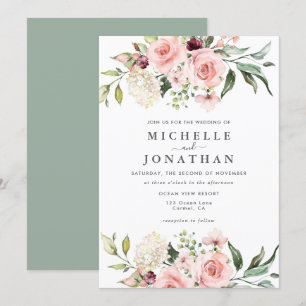 Romantic Pink Roses Wedding  Invitation Green