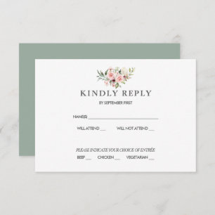 Romantic Pink Roses Wedding RSVP Response Green Invitation