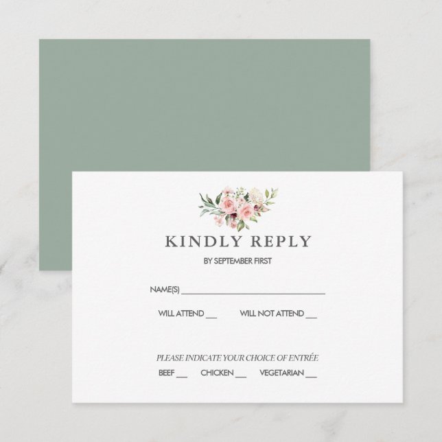 Romantic Pink Roses Wedding RSVP Response Green Invitation (Front/Back)