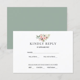 Romantic Pink Roses Wedding RSVP Response Green Invitation