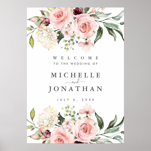 Romantic Pink Roses Wedding  Welcome Sign (Front)