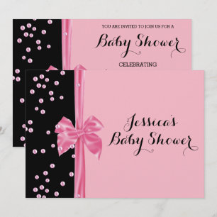 Romantic Pink Sash Bow & Pearls Baby Shower Invitation