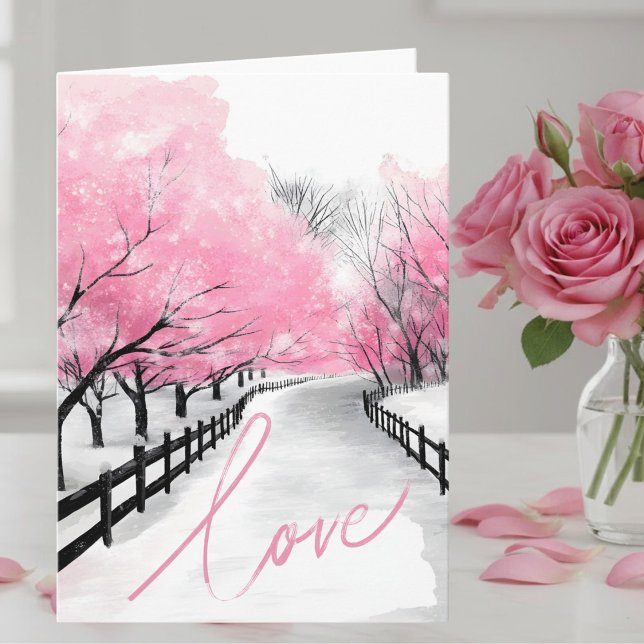 Romantic Pink Snow Scene Valentine's Day Card (Creator Uploaded)