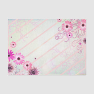 Romantic Pink Spring Flowers on Diagonal Stripes Tissue Paper