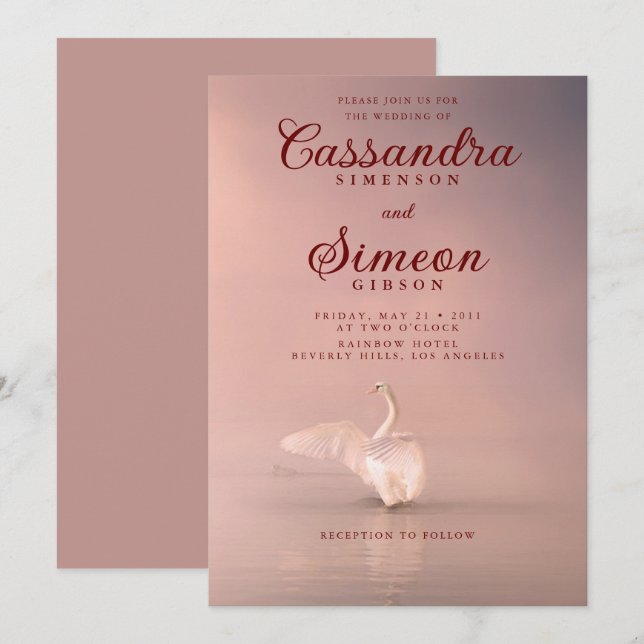 Romantic Pink Swan Wedding Invitation (Front/Back)
