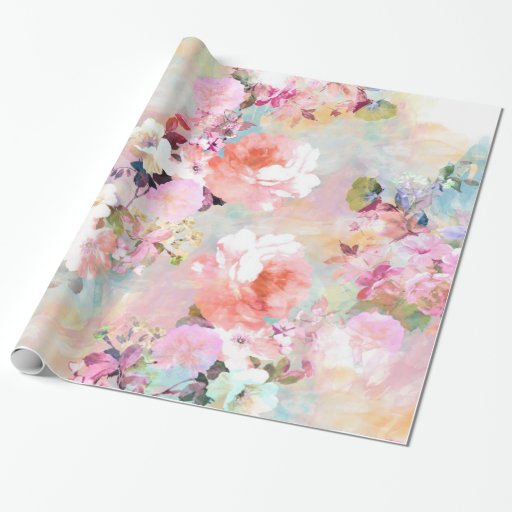 Image of Romantic Pink Teal Watercolor Chic Floral Pattern Wrapping Paper