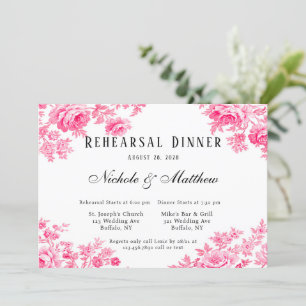 Romantic Pink Toile Flower Rehearsal Dinner Invitation