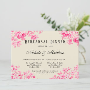 Romantic Pink Toile Flower Rehearsal Dinner Invitation