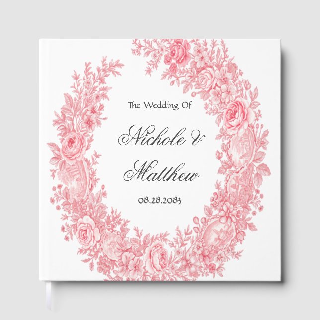 Romantic Pink Toile Flower Wedding Guest Book (Front)