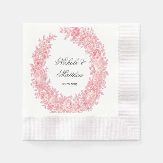 Romantic Pink Toile Flower Wedding Napkin (Front)