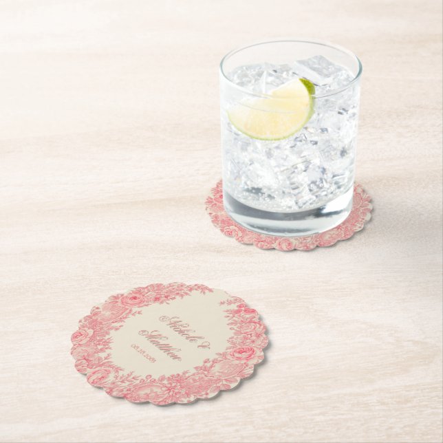 Romantic Pink Toile Flower Wedding Paper Coaster (Insitu)
