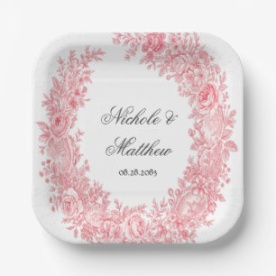 Romantic Pink Toile Flower Wedding Paper Plate