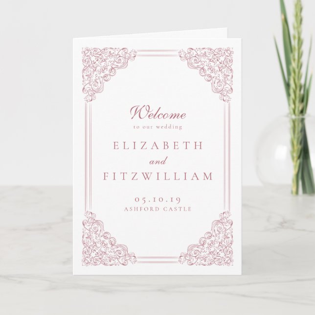 Romantic Pink Vintage Frame Elegant Script Wedding Programme (Front)