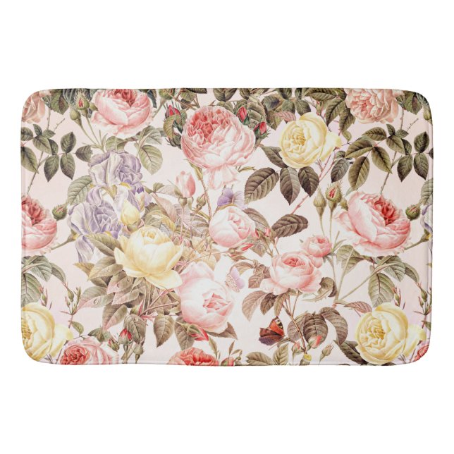 Romantic pink vintage rose flower pattern bath mat (Front)
