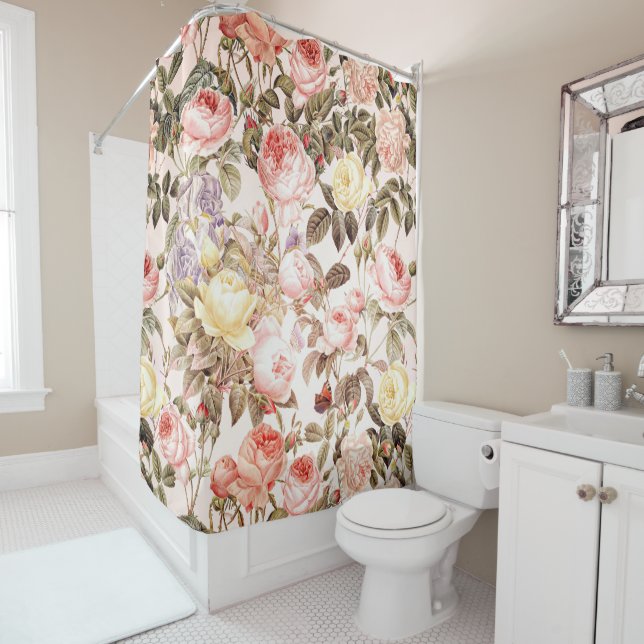 Romantic pink vintage rose flower pattern shower curtain (In Situ)