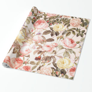 Romantic pink vintage rose flower pattern wrapping paper