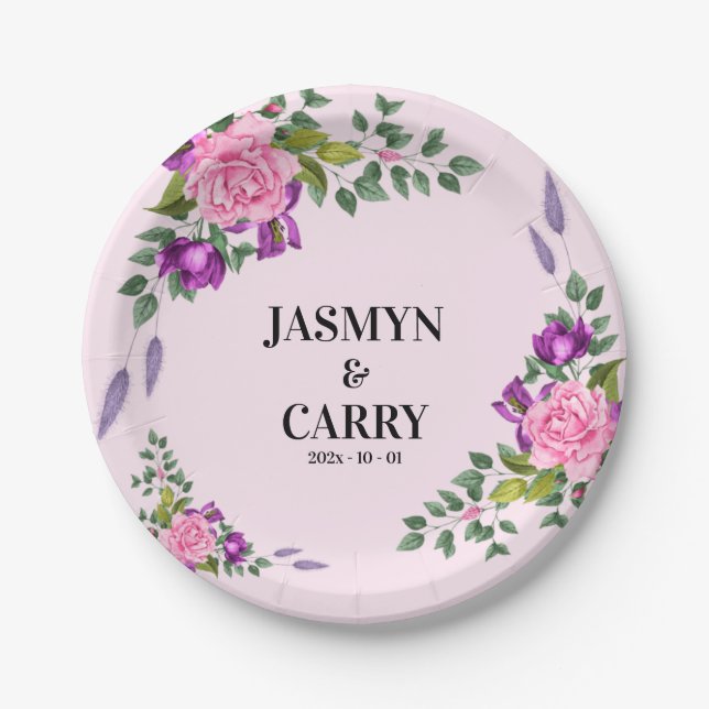 Romantic Pink Violet Floral Summer Bouquet Paper Plate (Front)