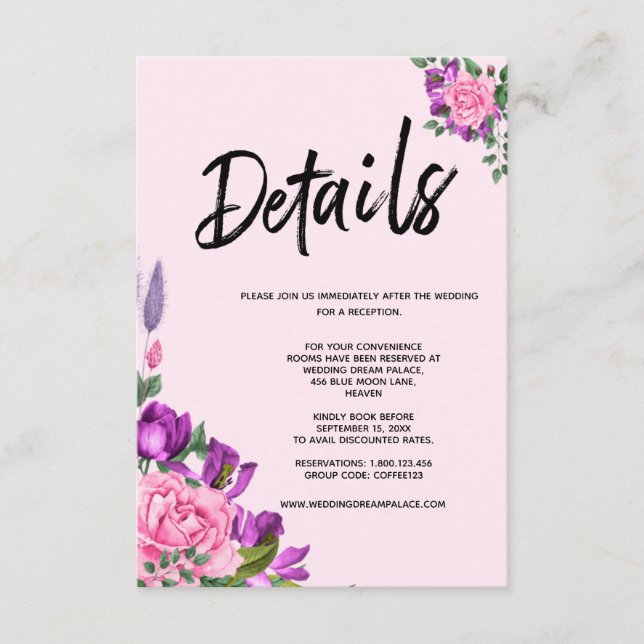 Romantic Pink Violet Floral Wedding Enclosure Card (Front)