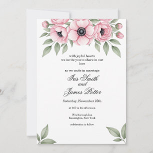 Romantic Pink Watercolor Anemone Floral wedding Invitation