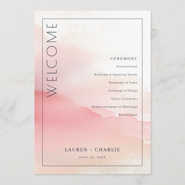Romantic Pink Watercolor Ceremony Schedule Programme (Front)