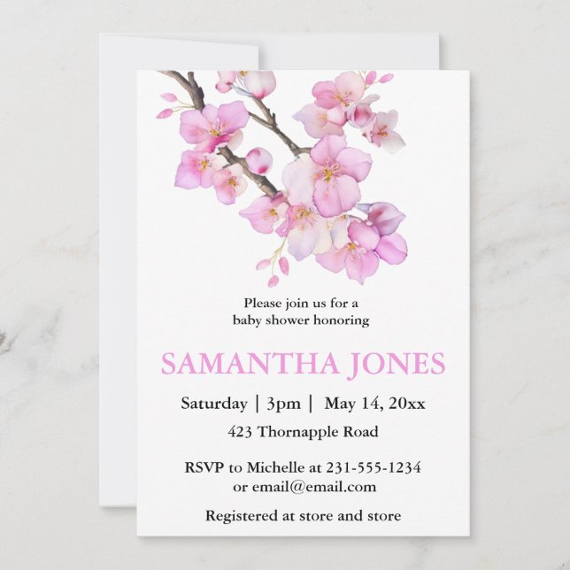 Romantic pink watercolor cherry blossoms  invitation (Front)