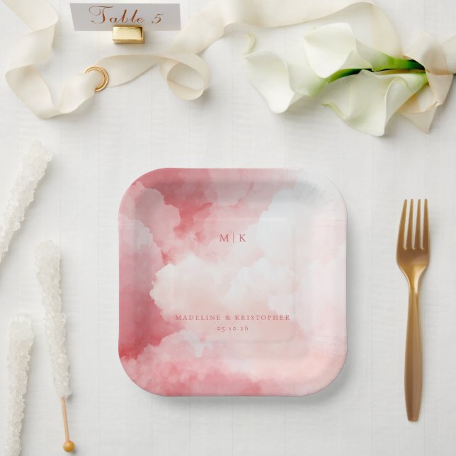 Romantic Pink Watercolor Clouds Paper Plate (Wedding)