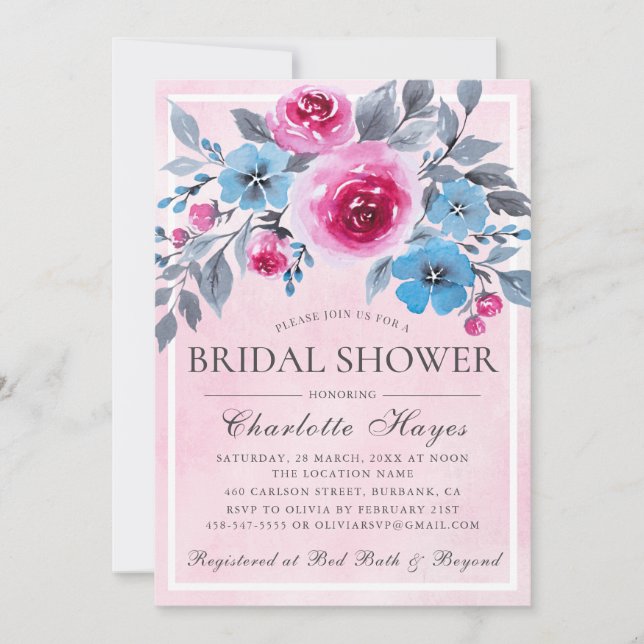 Romantic Pink Watercolor Floral Bridal Shower Invitation (Front)