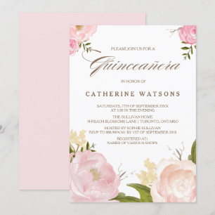 Romantic Pink Watercolor Flowers Quinceañera Invitation