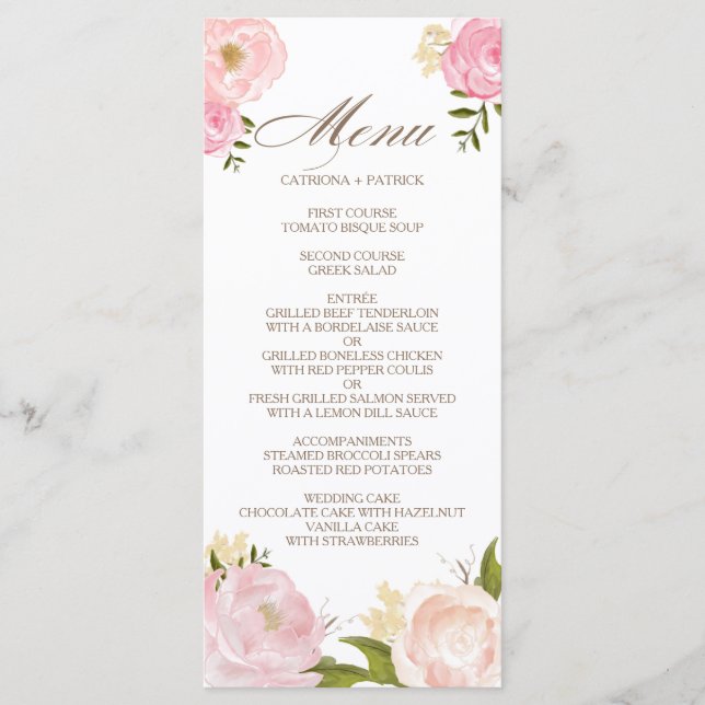 Romantic Pink Watercolor Flowers Wedding Menu Card (Front)