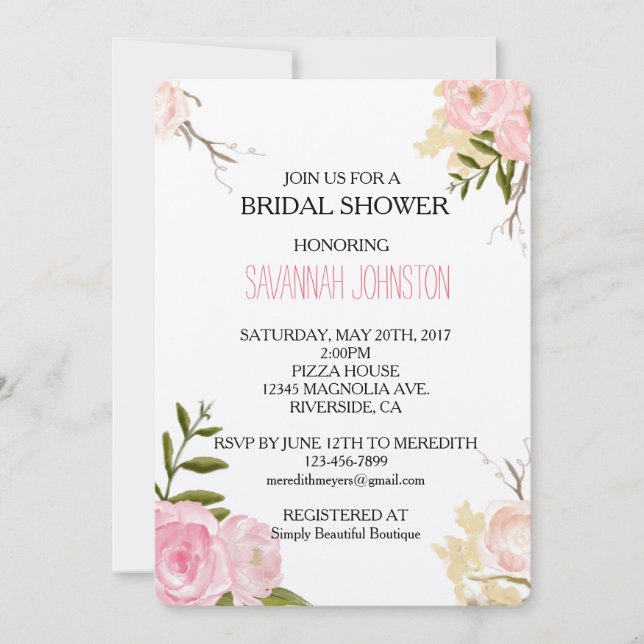 Romantic Pink Watercolor Garden bridal shower Invitation (Front)