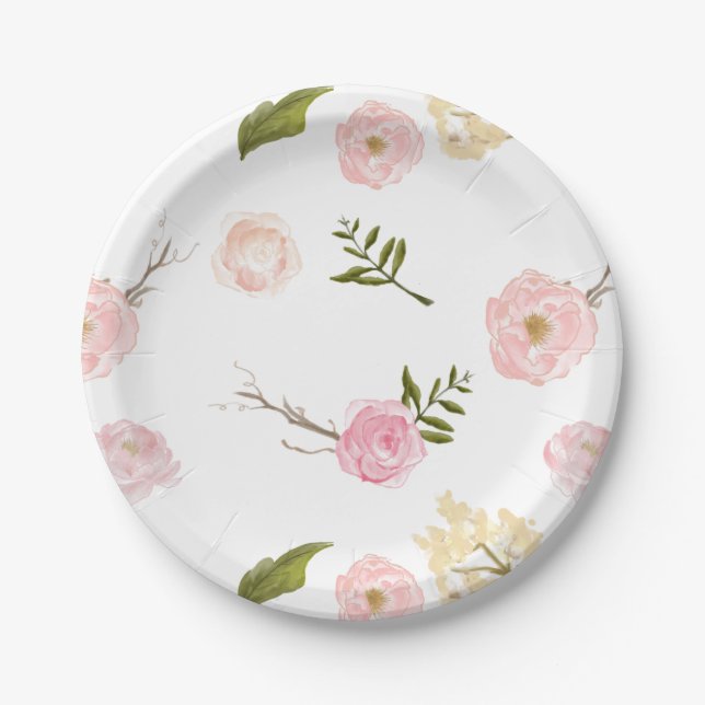 Romantic Pink Watercolor Garden Floral Paper Plate (Front)