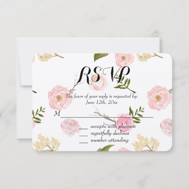 Romantic Pink Watercolor Garden Floral RSVP (Front)