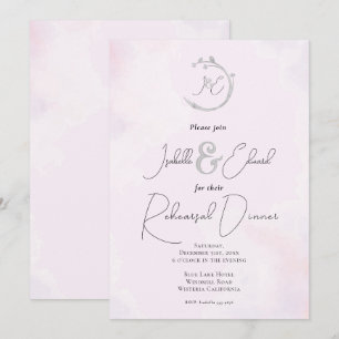 Romantic Pink Watercolor Grey Love Birds Monograms Invitation