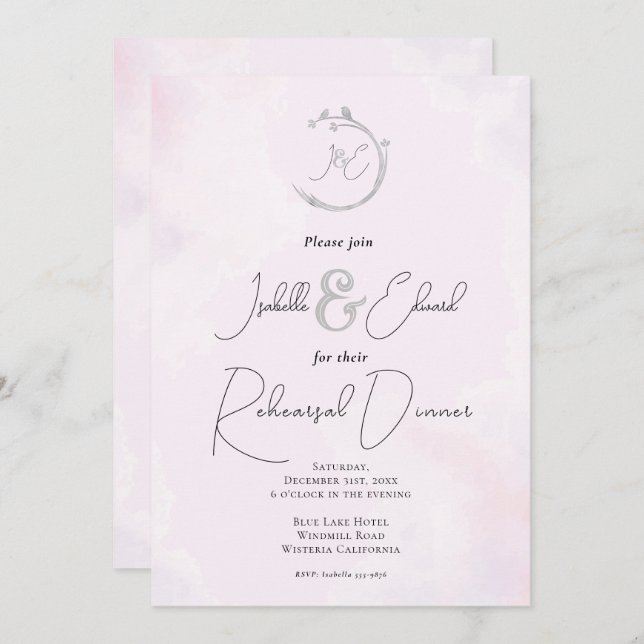 Romantic Pink Watercolor Grey Love Birds Monograms Invitation (Front/Back)