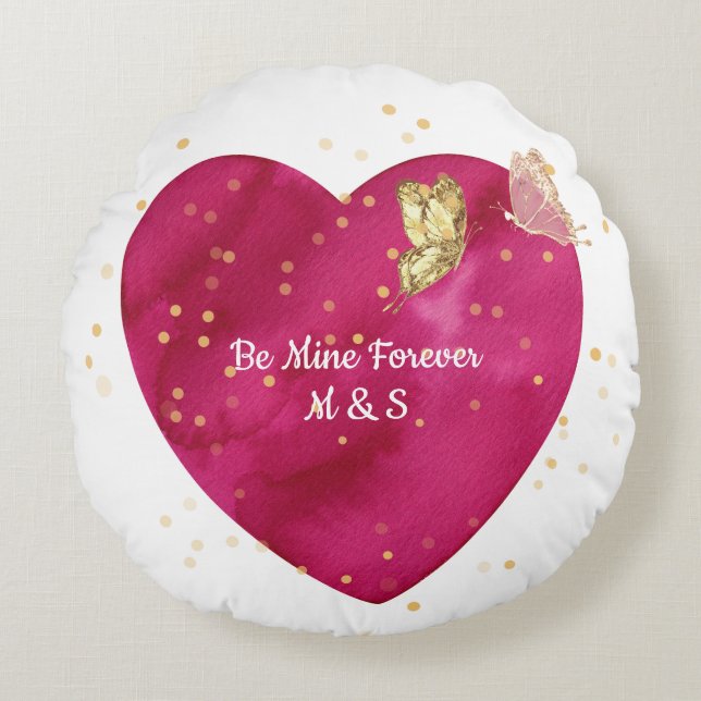 Romantic Pink Watercolor Heart & Gold Butterfly  Round Cushion (Front)