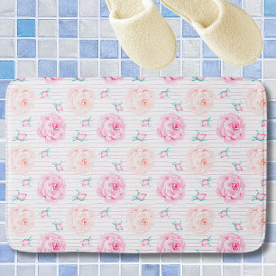 Romantic Pink Watercolor Pastel Roses With Stripes Bath Mat