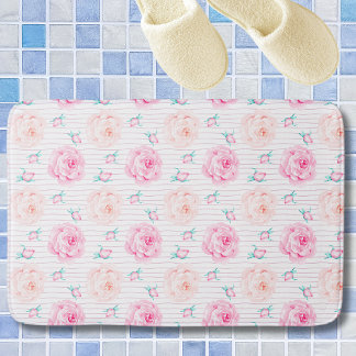 Romantic Pink Watercolor Pastel Roses With Stripes Bath Mat