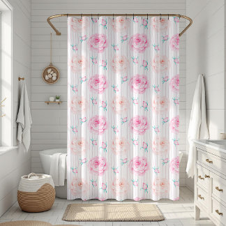 Romantic Pink Watercolor Pastel Roses With Stripes Shower Curtain