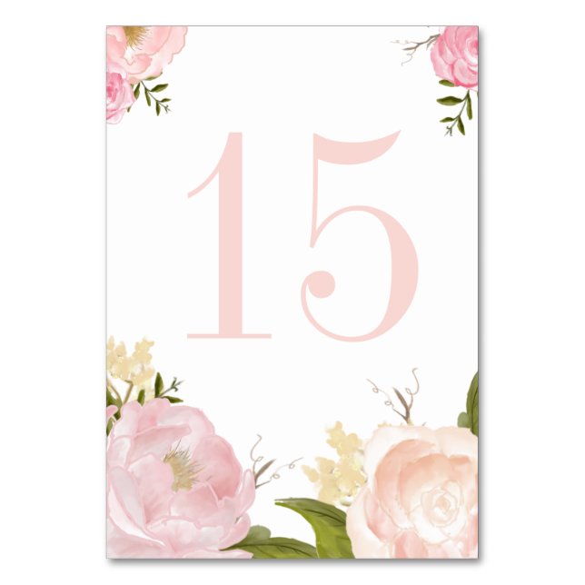 Romantic Pink Watercolor Peonies and Roses Wedding Table Number (Front)