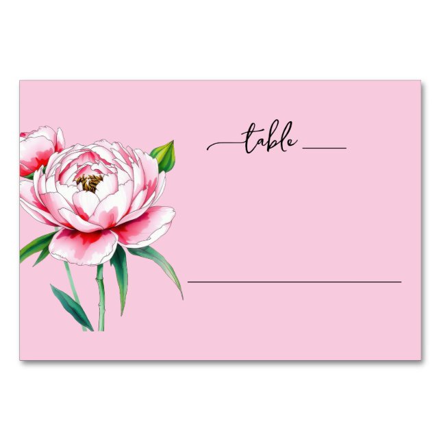 Romantic Pink Watercolor Peony Table Number (Front)