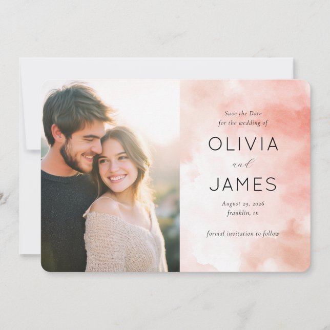Romantic Pink Watercolor Photo Save The Date (Front)