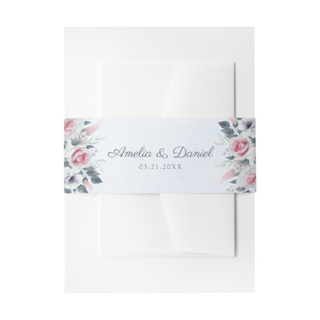 Romantic Pink Watercolor Roses Blue Wedding  Invitation Belly Band (Front Example)