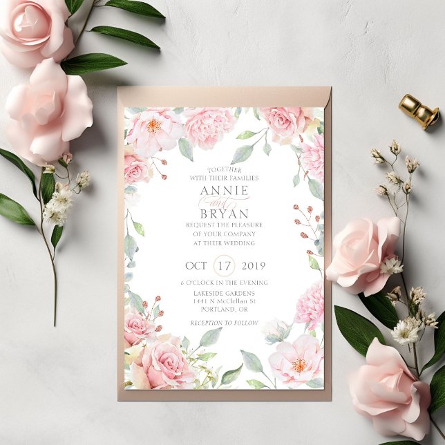 Romantic Pink Watercolor Roses Floral Wedding Invitation (Creator Uploaded)