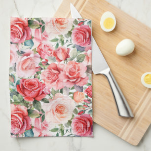 Romantic Pink Watercolor Roses  Tea Towel