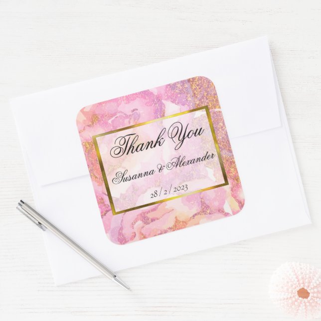 Romantic Pink Watercolor Roses Wedding Thank You Square Sticker (Envelope)