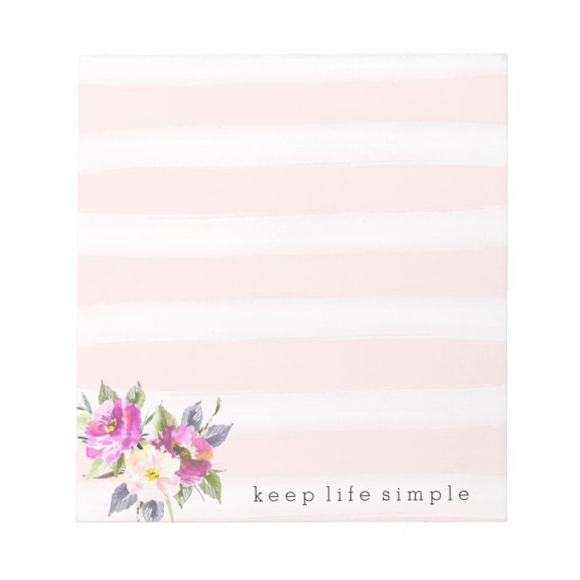 Romantic Pink Watercolor Stripes Floral Notepad (Front)